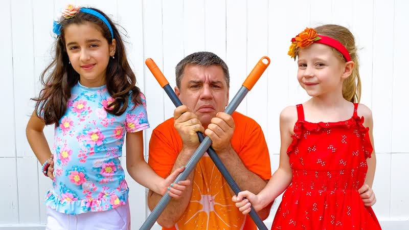 Nastya and friend help dad and collect