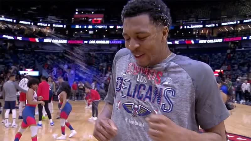 Trey Murphy III gets showered by water following his career high 41 point night, NBA on