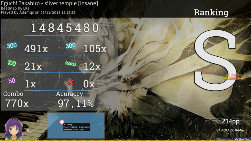 osu , Adamqs, Eguchi Takahiro silver temple Insane + HD, HR, FL FC 214pp,